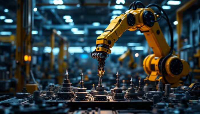 A photograph of a high-tech industrial robot in action