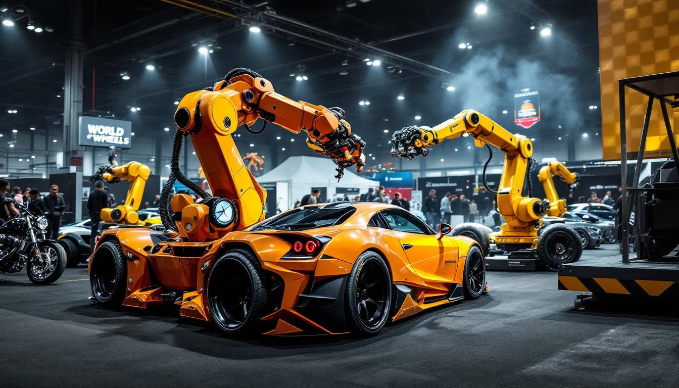 A photograph of a dynamic scene at the world of wheels boston 2024 event