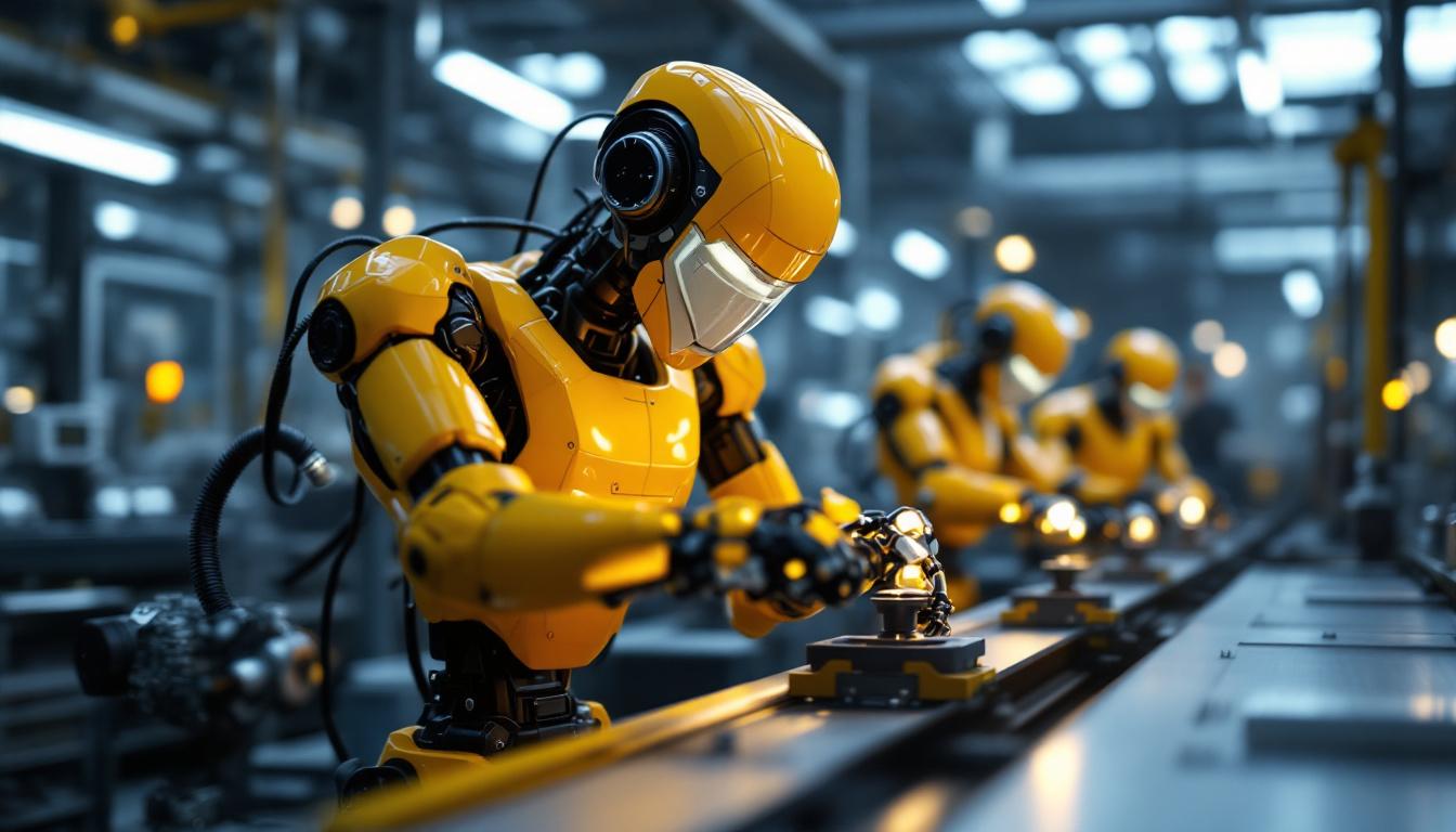 A photograph of a dynamic scene featuring agile industrial robots in action within a modern manufacturing environment