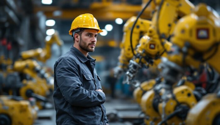 A photograph of capture a photograph of a skilled foreman overseeing industrial robots in action at an ash grove cement facility