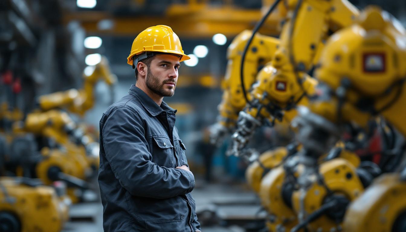 A photograph of capture a photograph of a skilled foreman overseeing industrial robots in action at an ash grove cement facility
