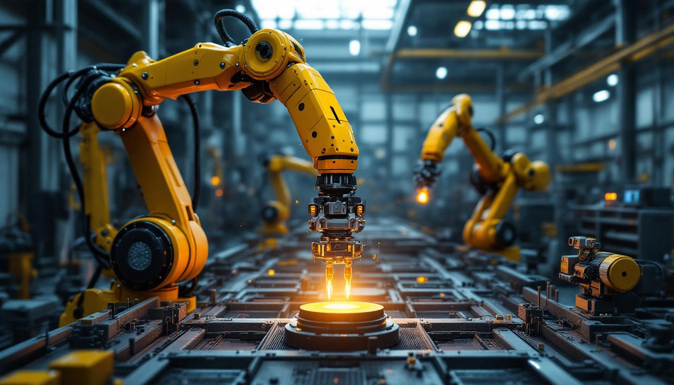 A photograph of a dynamic industrial setting featuring both a flexible robotic arm and traditional industrial robots in action