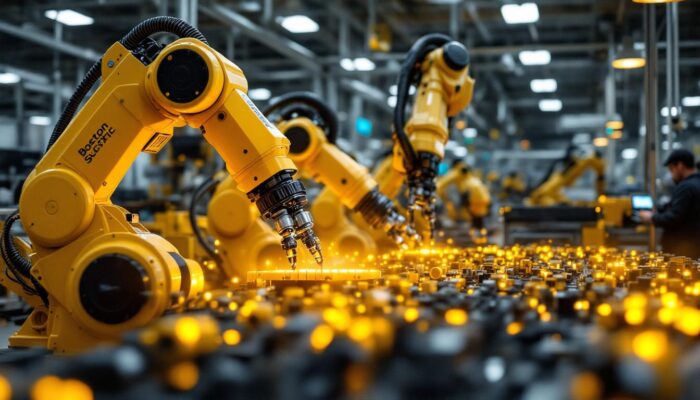 A photograph of a boston scientific facility showcasing advanced industrial robotics in action