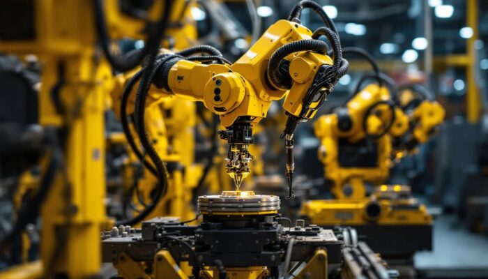 A photograph of a dynamic industrial robot in action within a manufacturing environment