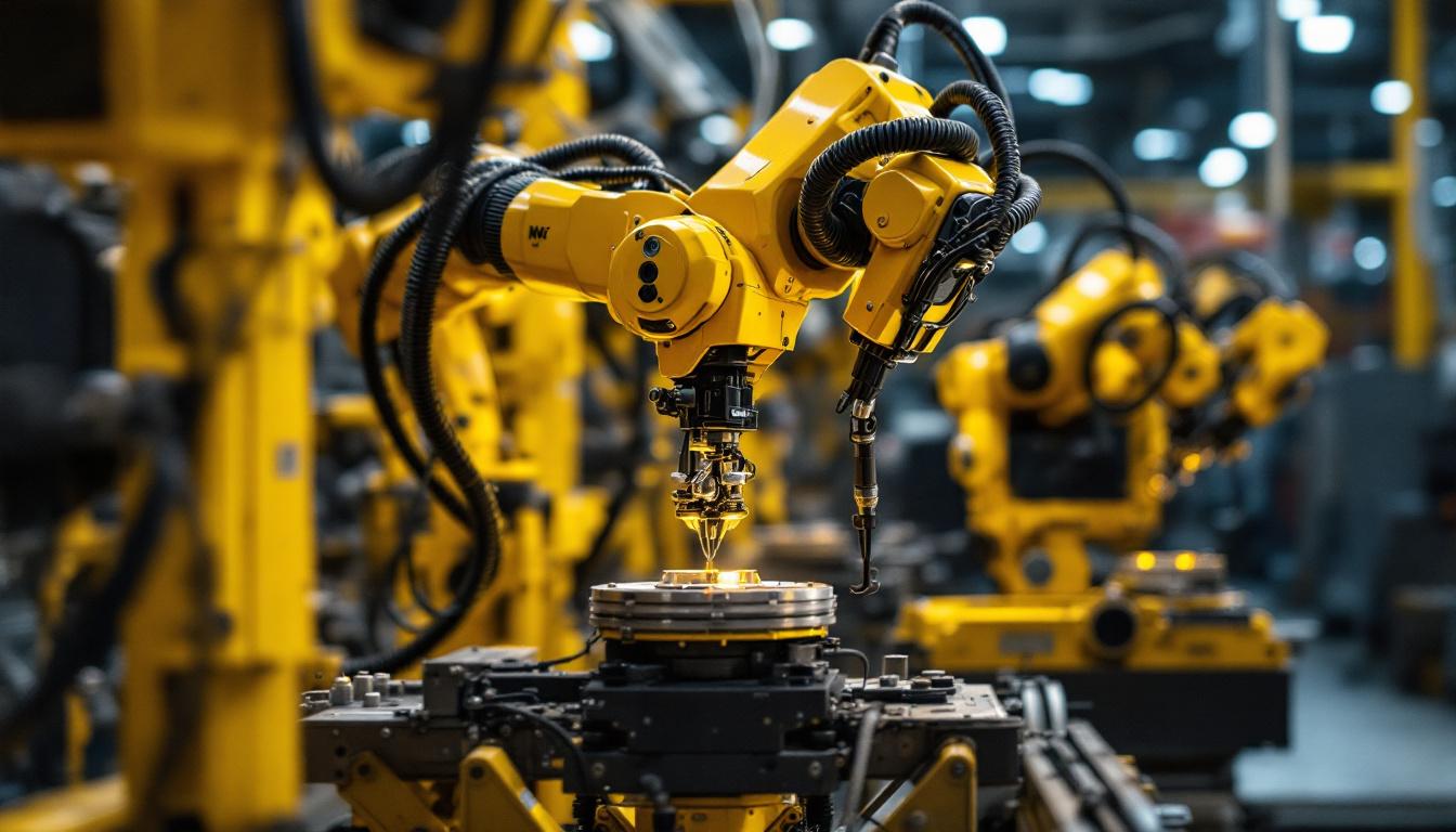 A photograph of a dynamic industrial robot in action within a manufacturing environment