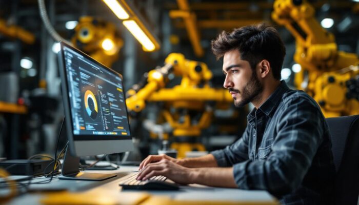 A photograph of a skilled software engineer working at a computer