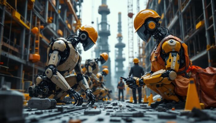 A photograph of a dynamic construction site where industrial robots are actively engaged in building processes