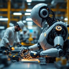 A photograph of a sleek industrial robot in action within a modern manufacturing facility