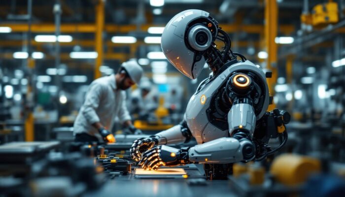 A photograph of a sleek industrial robot in action within a modern manufacturing facility
