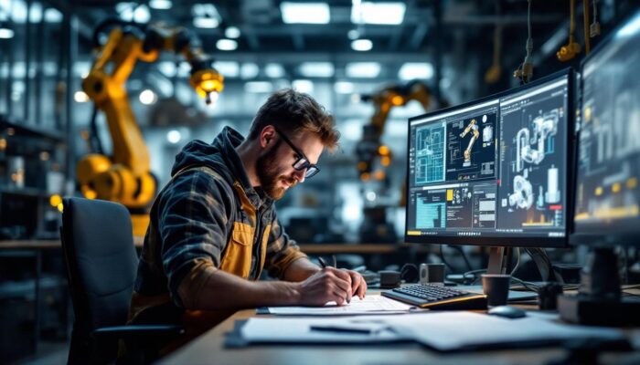 A photograph of a skilled mechanical designer at work in a modern engineering studio