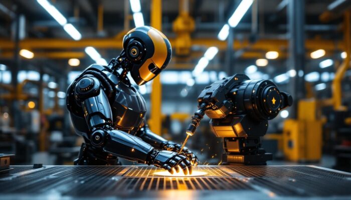 A photograph of a sleek industrial robot in action