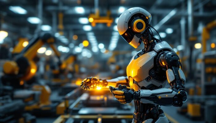 A photograph of a modern industrial robot in action within a manufacturing environment