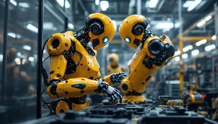A photograph of a dynamic industrial robot in action within a modern manufacturing environment