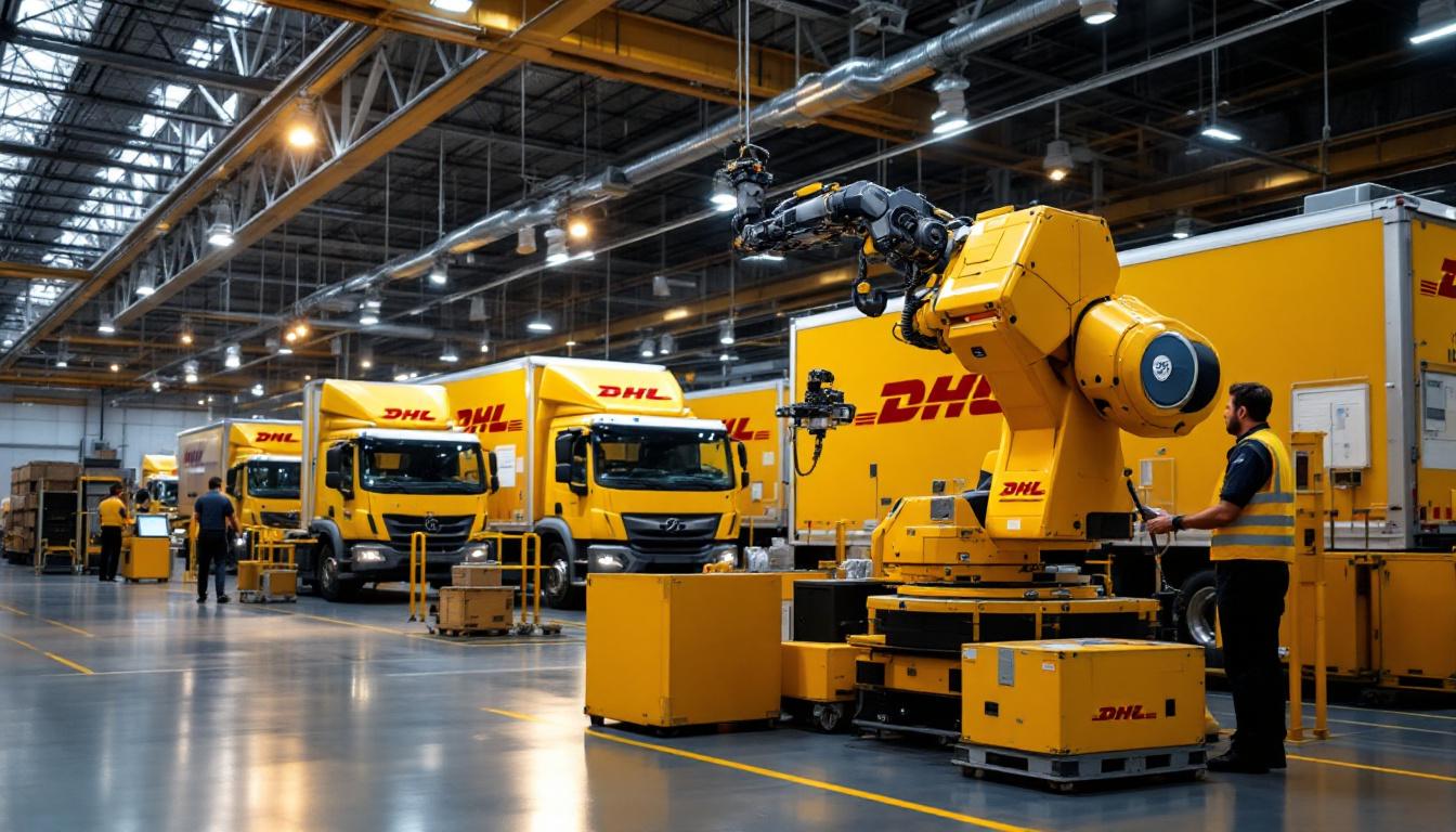 A photograph of capture a photograph of a dhl delivery facility in boston