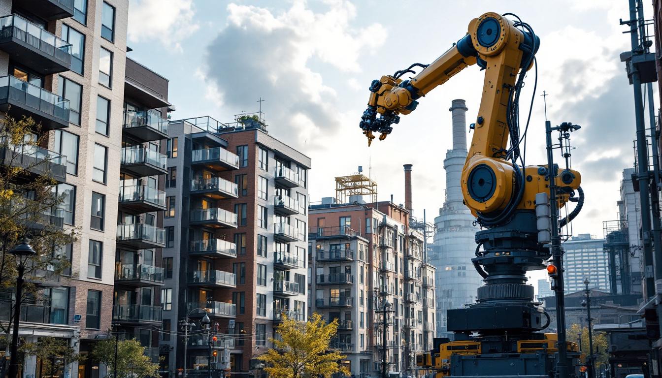 A photograph of capture a photograph of a bustling boston street scene featuring a mix of modern apartment buildings and industrial spaces