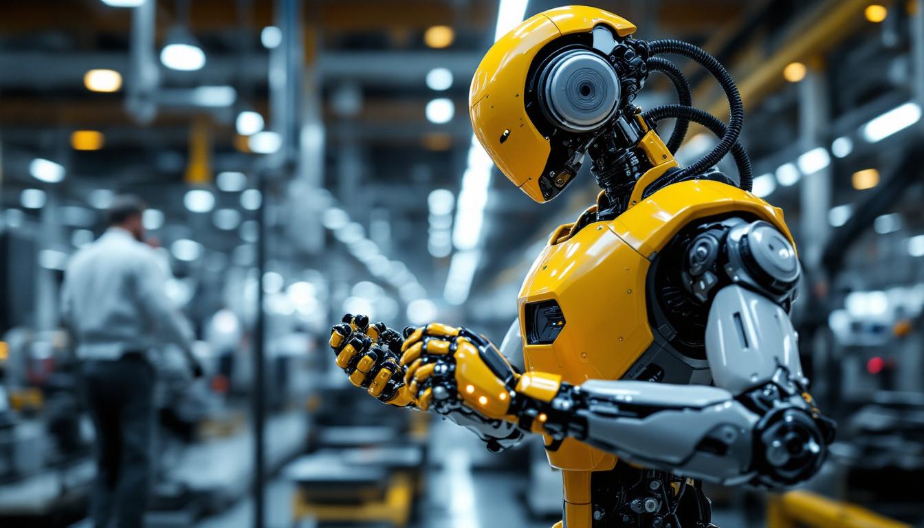 A photograph of a sleek industrial robot in action within a modern manufacturing environment