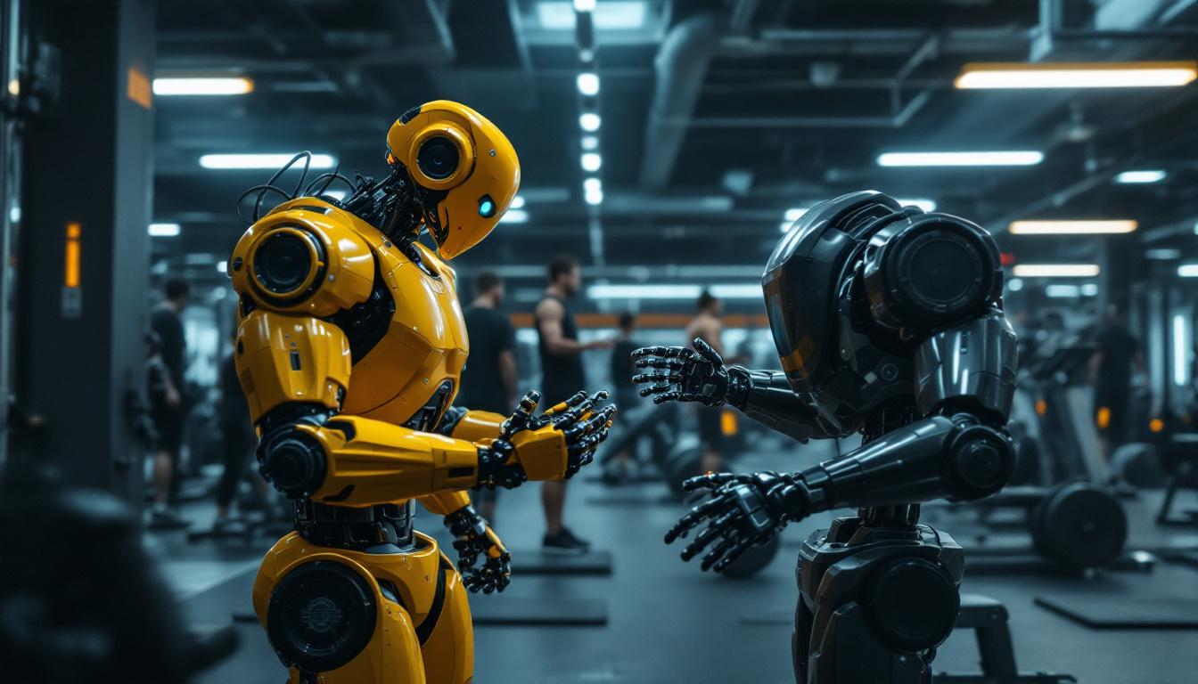 A photograph of a dynamic scene showcasing a modern gym environment integrated with industrial robotics