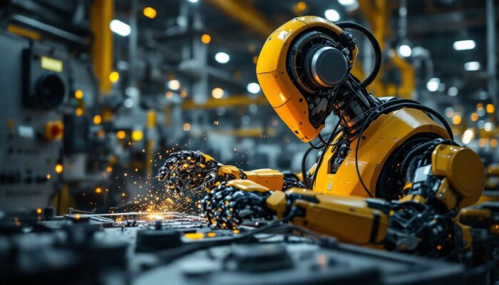 A photograph of a dynamic scene showcasing an industrial robot in action