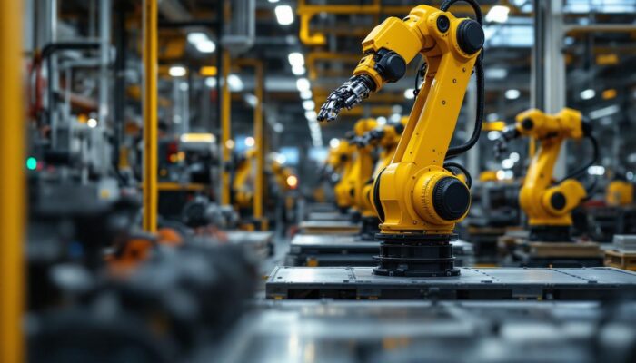 A photograph of capture a photograph of a bustling industrial environment featuring advanced robotic systems in action