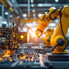 A photograph of capture a photograph of a modern industrial robot in action