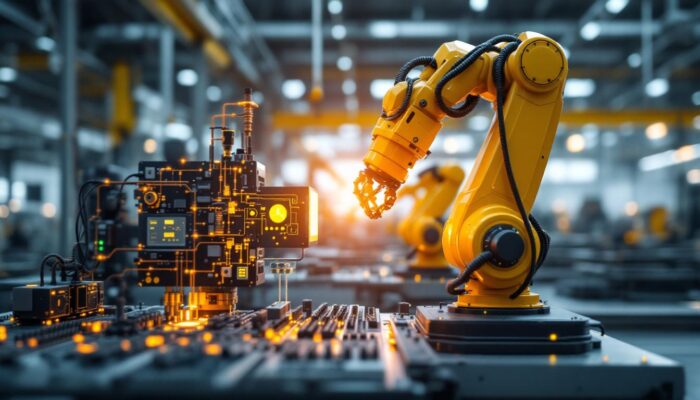 A photograph of capture a photograph of a modern industrial robot in action