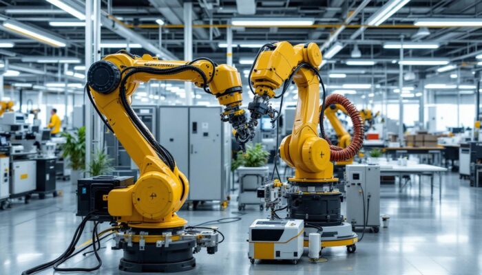 A photograph of a dynamic industrial robotics workspace at boston scientific in waltham