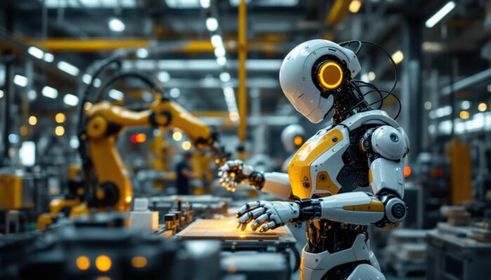 A photograph of a sleek industrial robot in action within a modern manufacturing facility