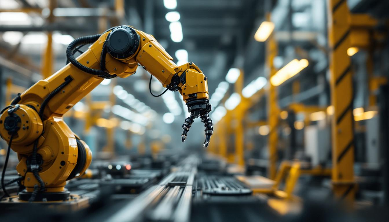 A photograph of a dynamic industrial setting featuring a robotic arm in action