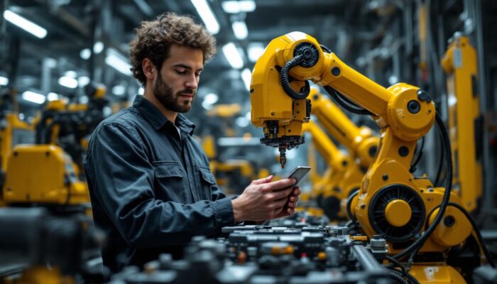 A photograph of a robotics engineer working on an industrial robot in a high-tech bay area workshop