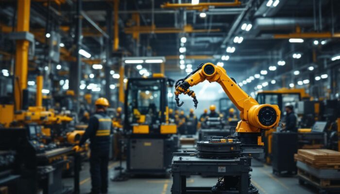 A photograph of a dynamic industrial environment showcasing a robotic arm in action