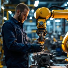 A photograph of a skilled technician troubleshooting an industrial robotic arm in a high-tech manufacturing environment