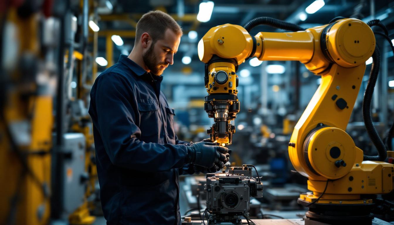 A photograph of a skilled technician troubleshooting an industrial robotic arm in a high-tech manufacturing environment
