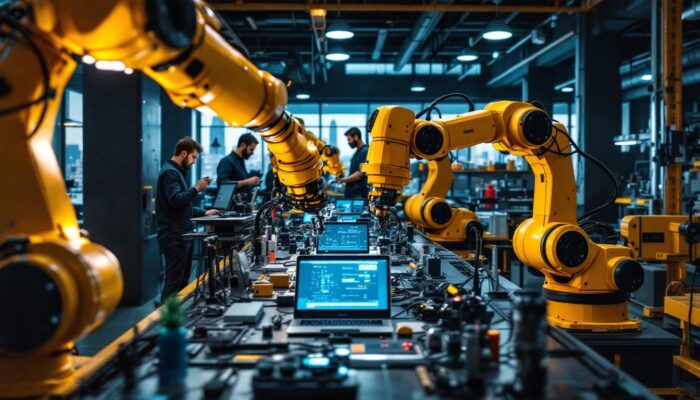 A photograph of a dynamic industrial robotics workspace in boston