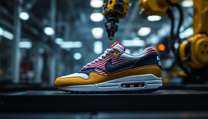 A photograph of a team usa-themed air max 1 sneaker prominently displayed alongside an industrial robotic arm in a dynamic