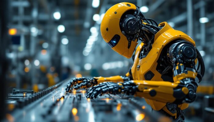 A photograph of a sleek industrial robot in action within a modern manufacturing environment
