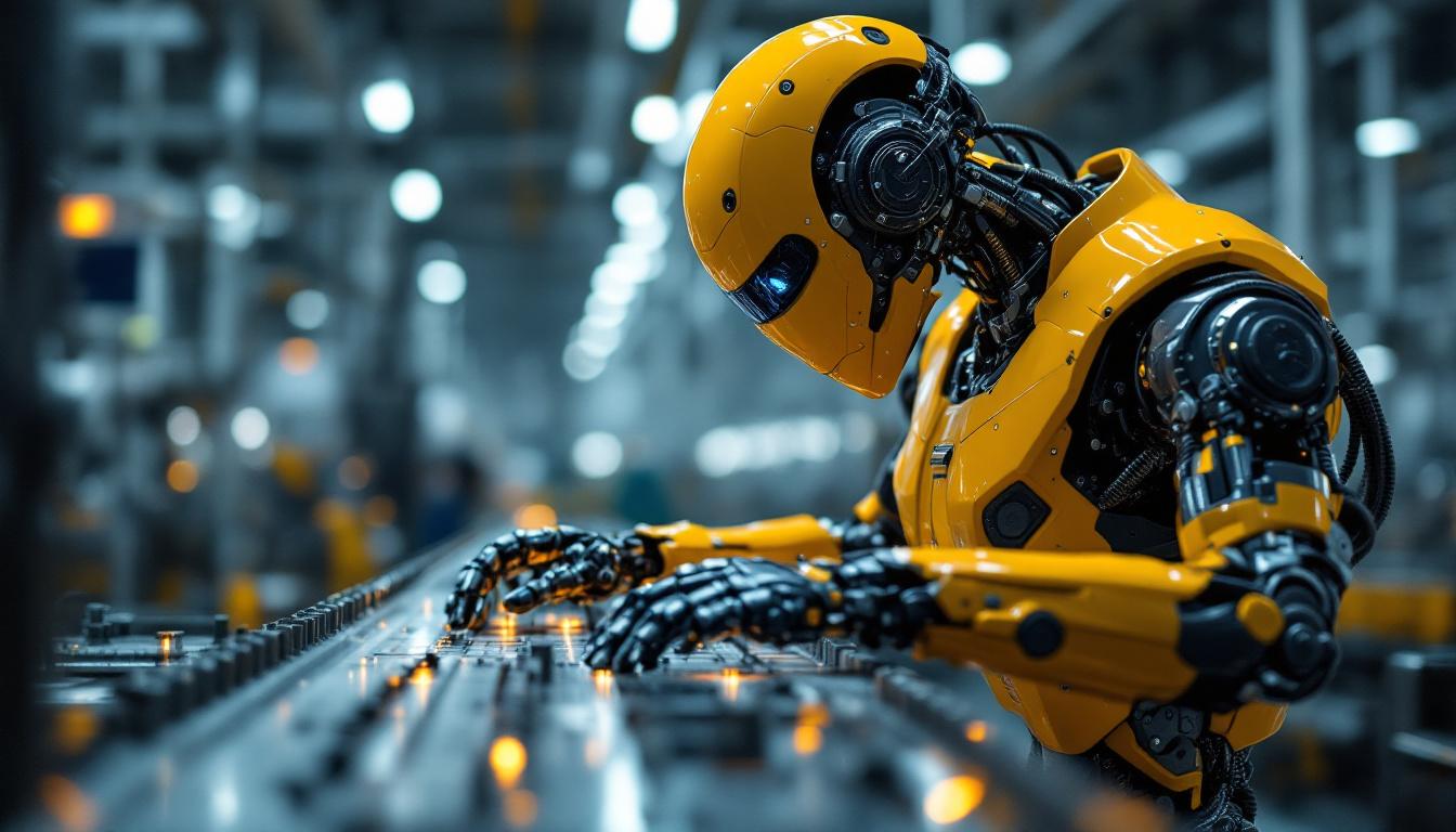 A photograph of a sleek industrial robot in action within a modern manufacturing environment