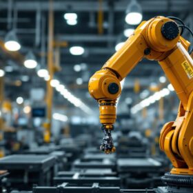 A photograph of a sleek industrial robotic arm in action within a modern manufacturing facility