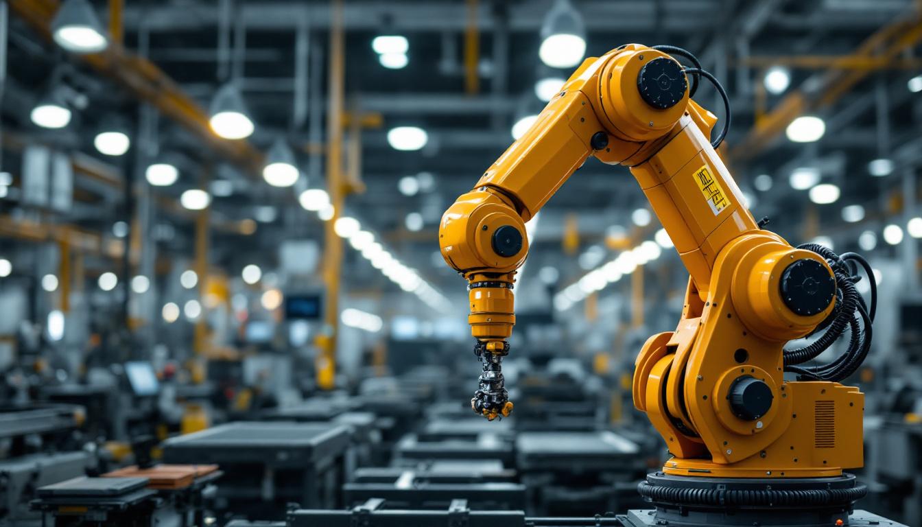 A photograph of a sleek industrial robotic arm in action within a modern manufacturing facility
