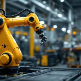 A photograph of a sleek industrial robotic arm in action within a houston manufacturing facility