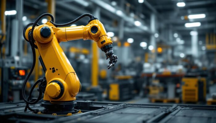 A photograph of a sleek industrial robotic arm in action within a houston manufacturing facility