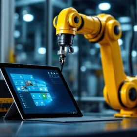 A photograph of a surface tablet connected to an industrial robotic arm