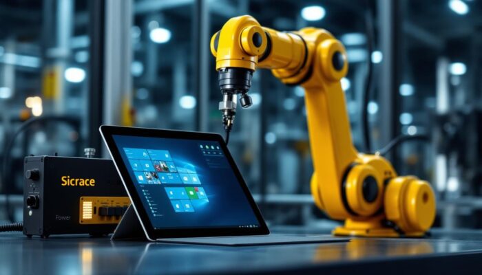 A photograph of a surface tablet connected to an industrial robotic arm