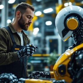 A photograph of a skilled technician working alongside an industrial robot in a modern manufacturing facility