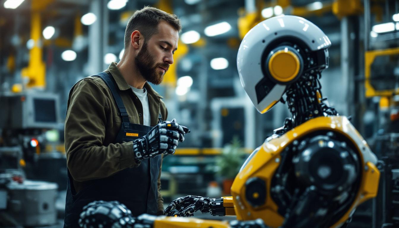 A photograph of a skilled technician working alongside an industrial robot in a modern manufacturing facility