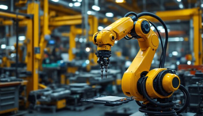 A photograph of a sleek industrial robotic arm in action