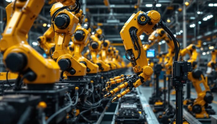 A photograph of a hyundai factory floor showcasing industrial robots in action
