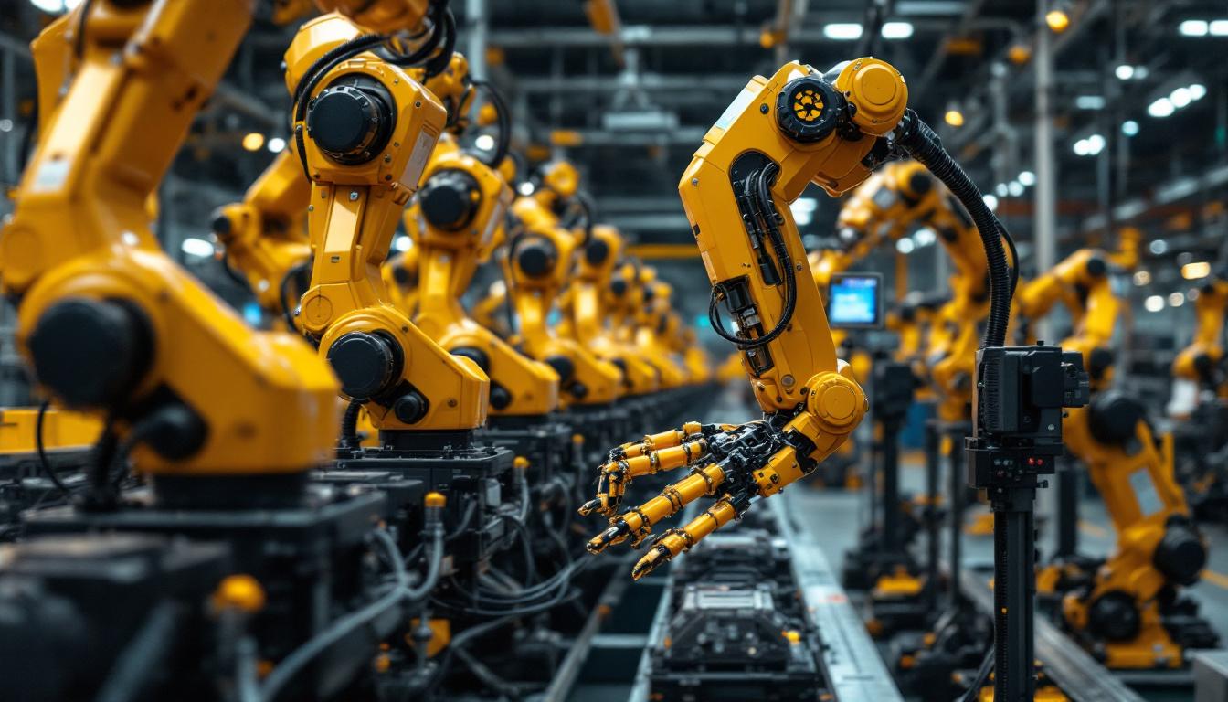 A photograph of a hyundai factory floor showcasing industrial robots in action