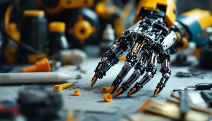 A photograph of a detailed close-up of a diy robotic hand in action