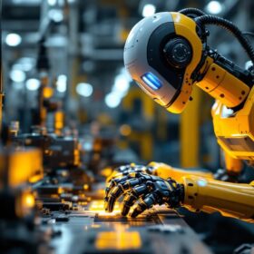 A photograph of a sleek industrial robot in action at the atlas service center