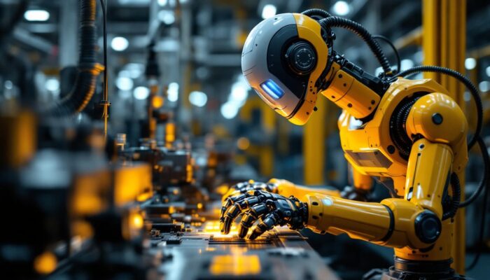 A photograph of a sleek industrial robot in action at the atlas service center